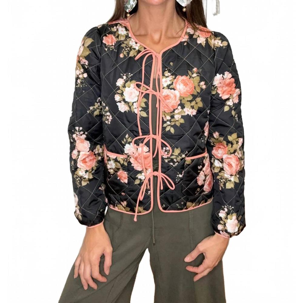 NEW ODDI quinnie quilted floral tie front jacket in black